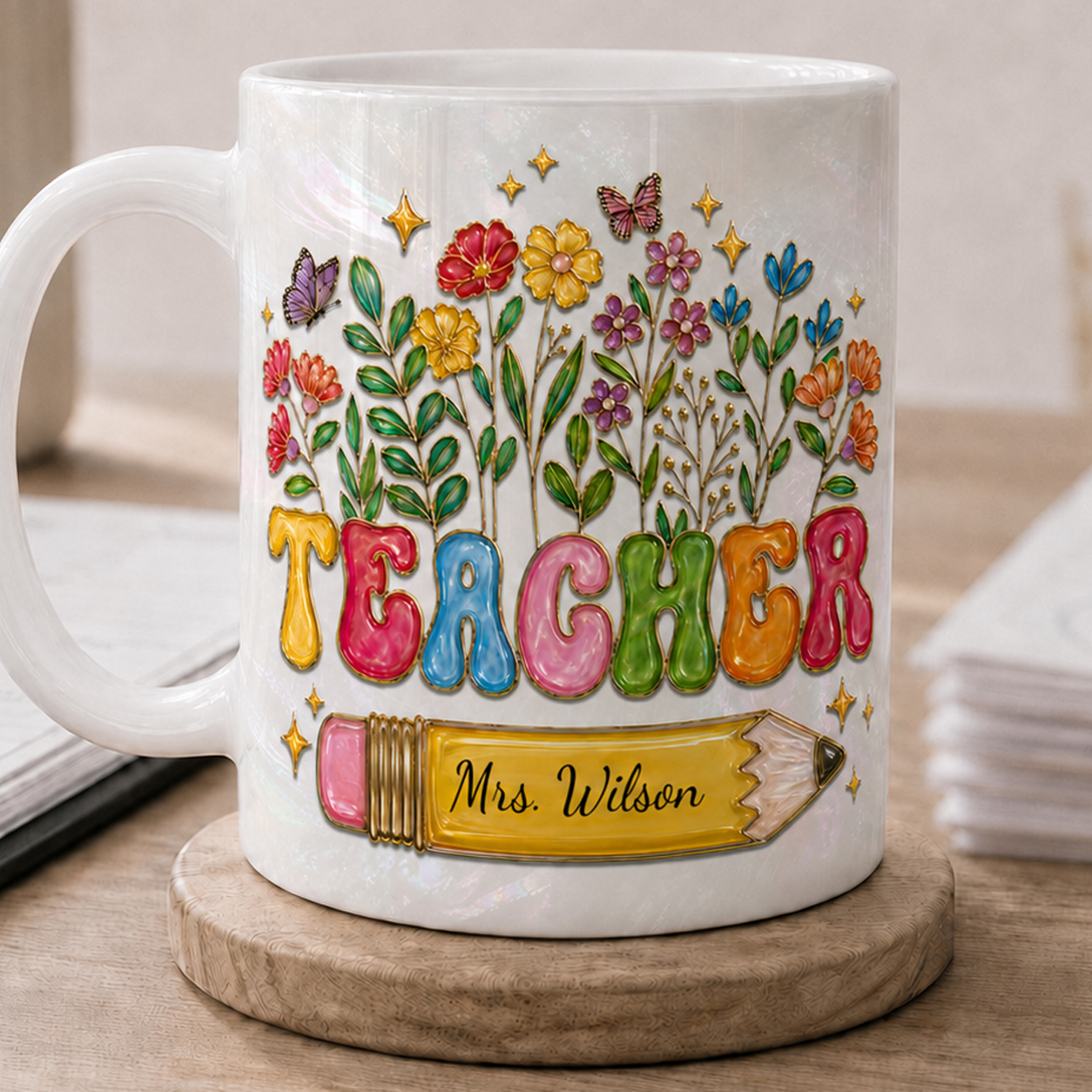 Personalized Teacher Mug, Custom Name Floral Pencil Back to School Gift
