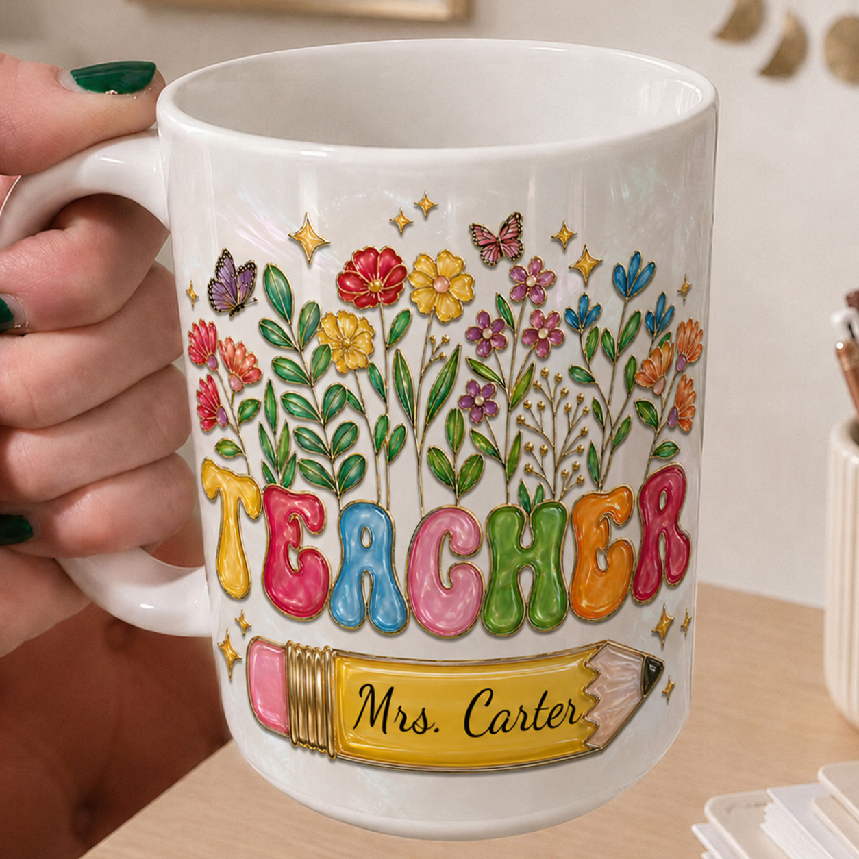 Personalized Teacher Mug, Custom Name Floral Pencil Back to School Gift