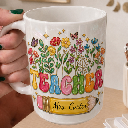 Personalized Teacher Mug, Custom Name Floral Pencil Back to School Gift