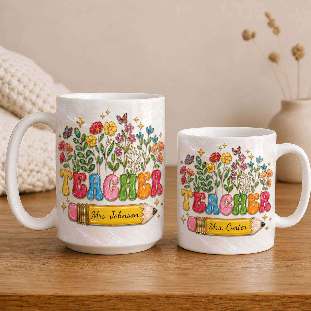 Personalized Teacher Mug, Custom Name Floral Pencil Back to School Gift