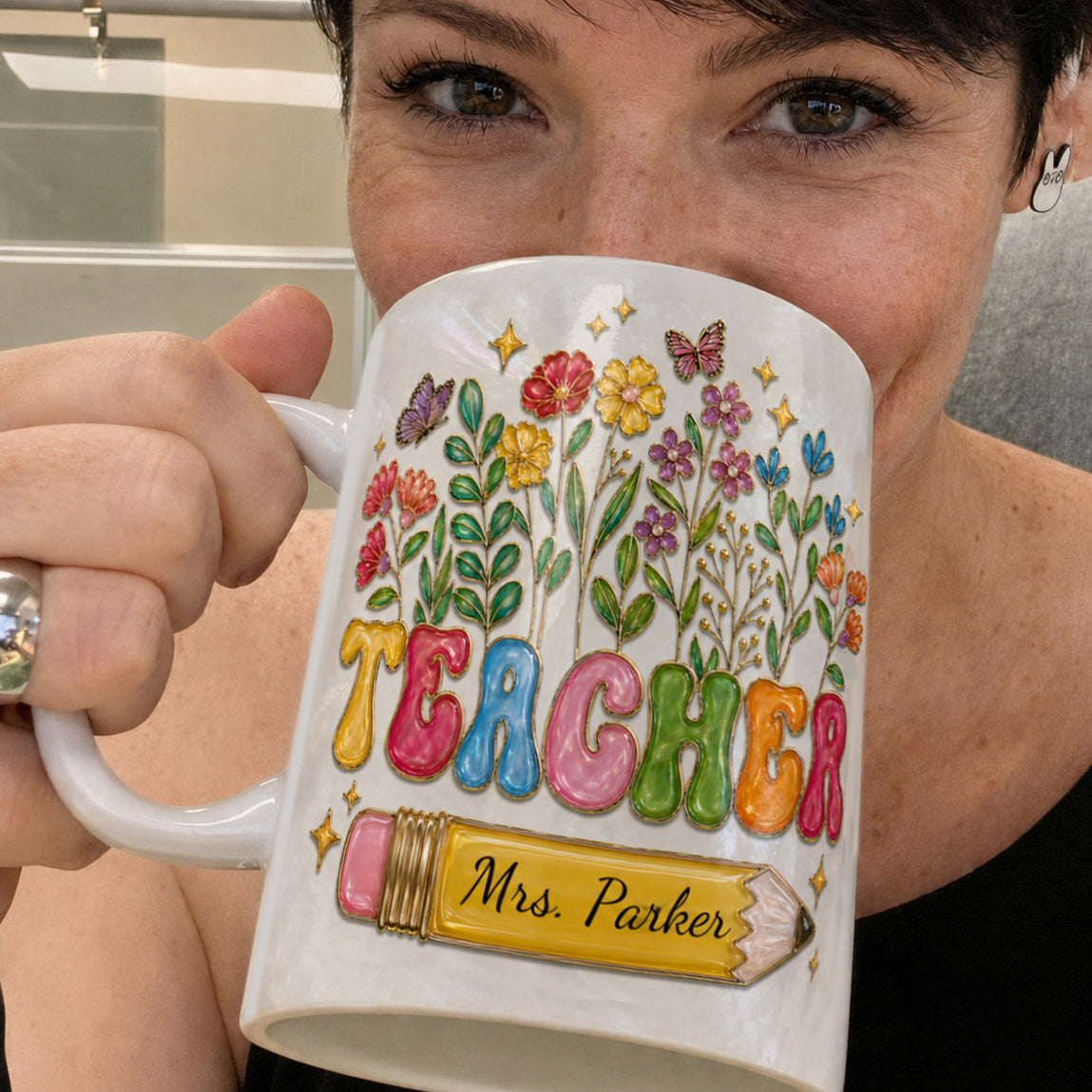 Personalized Teacher Mug, Custom Name Floral Pencil Back to School Gift