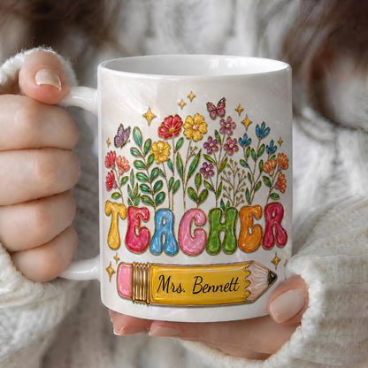 Personalized Teacher Mug, Custom Name Floral Pencil Back to School Gift