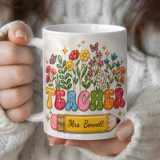 Personalized Teacher Mug, Custom Name Floral Pencil Back to School Gift