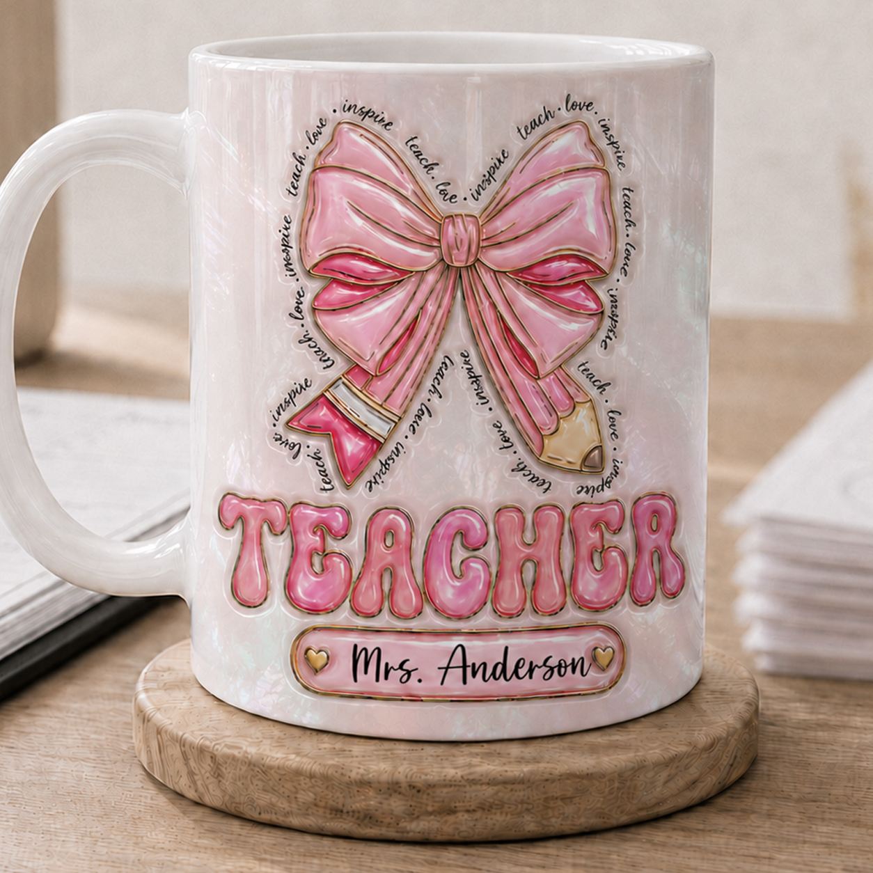 Personalized Teacher Name Mug, Custom Pink Bow Teacher Gift for Back to School