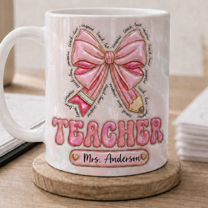 Personalized Teacher Name Mug, Custom Pink Bow Teacher Gift for Back to School