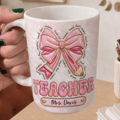 Personalized Teacher Name Mug, Custom Pink Bow Teacher Gift for Back to School