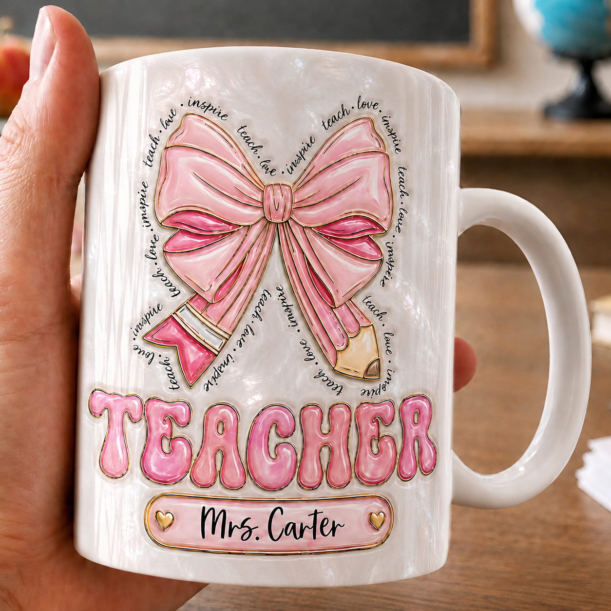 Personalized Teacher Name Mug, Custom Pink Bow Teacher Gift for Back to School