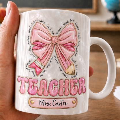 Personalized Teacher Name Mug, Custom Pink Bow Teacher Gift for Back to School