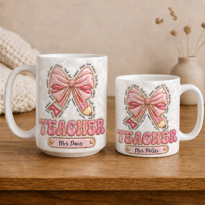 Personalized Teacher Name Mug, Custom Pink Bow Teacher Gift for Back to School
