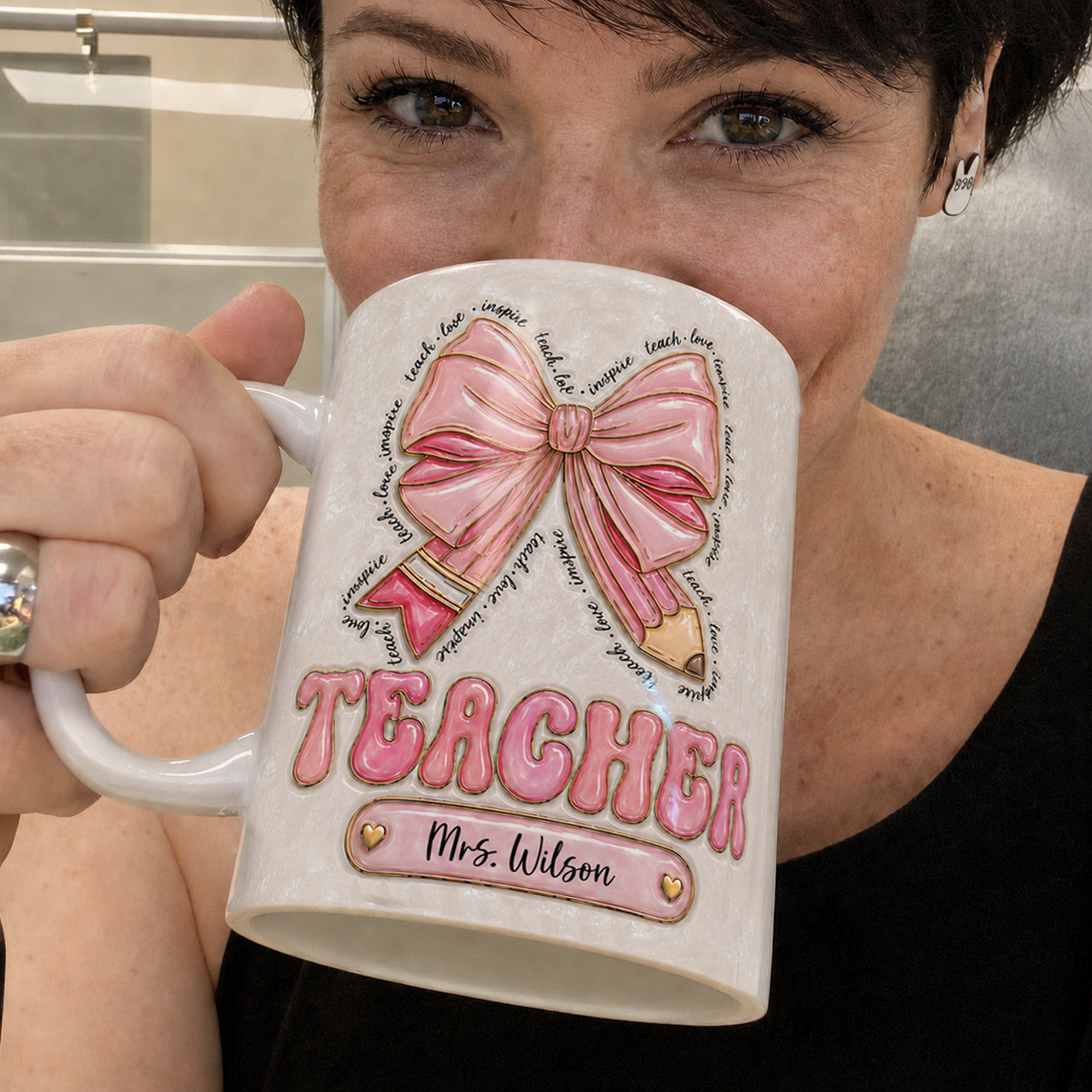 Personalized Teacher Name Mug, Custom Pink Bow Teacher Gift for Back to School