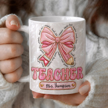 Personalized Teacher Name Mug, Custom Pink Bow Teacher Gift for Back to School