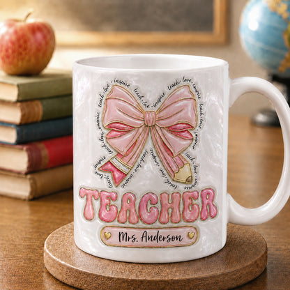 Personalized Teacher Name Mug, Custom Pink Bow Teacher Gift for Back to School