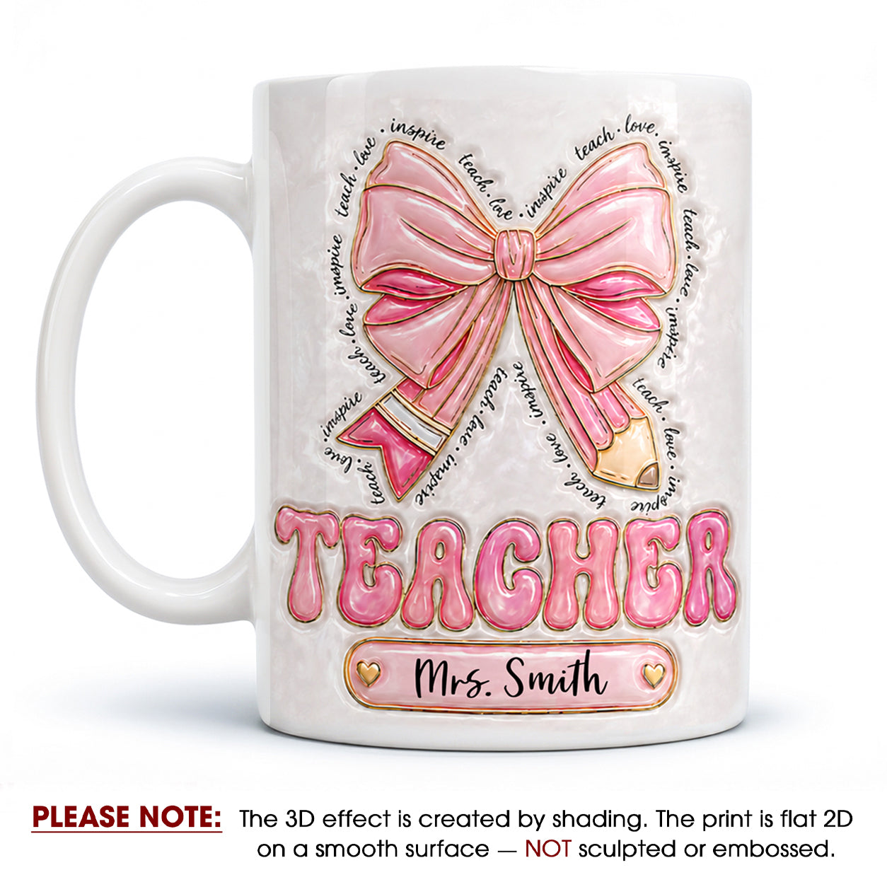 Personalized Teacher Name Mug, Custom Pink Bow Teacher Gift for Back to School
