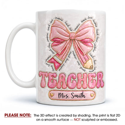 Personalized Teacher Name Mug, Custom Pink Bow Teacher Gift for Back to School