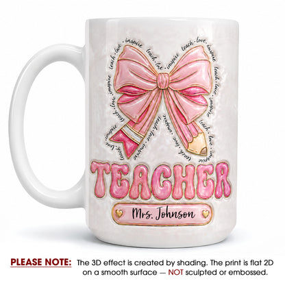 Personalized Teacher Name Mug, Custom Pink Bow Teacher Gift for Back to School