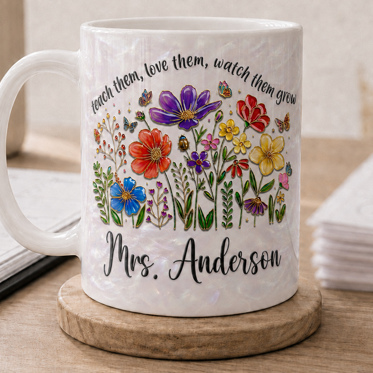 Personalized Teacher Flower Mug, Custom Name Back to School Gift for Teacher