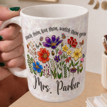 Personalized Teacher Flower Mug, Custom Name Back to School Gift for Teacher