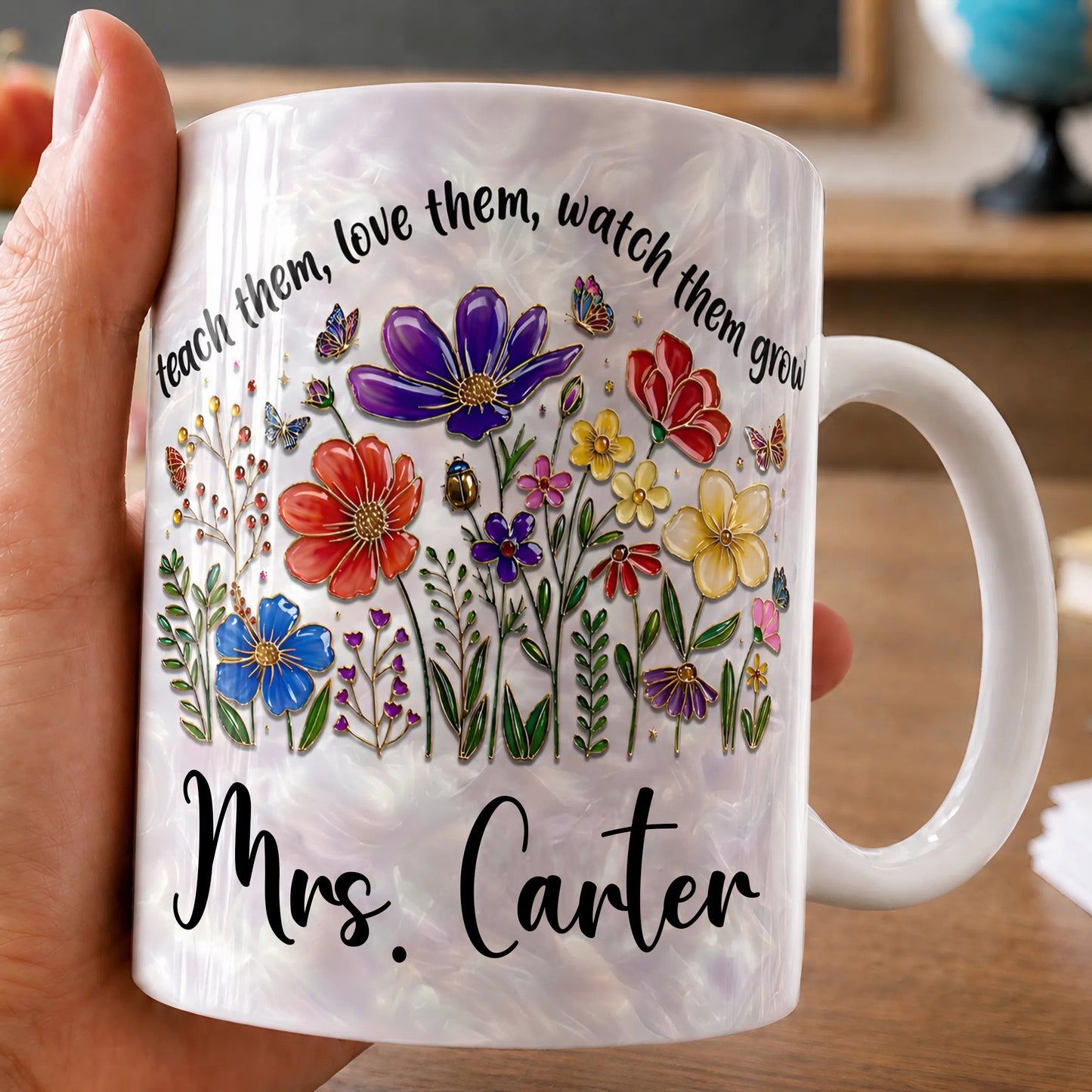 Personalized Teacher Flower Mug, Custom Name Back to School Gift for Teacher