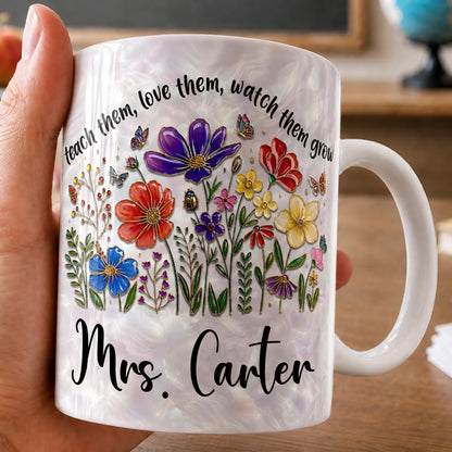 Personalized Teacher Flower Mug, Custom Name Back to School Gift for Teacher