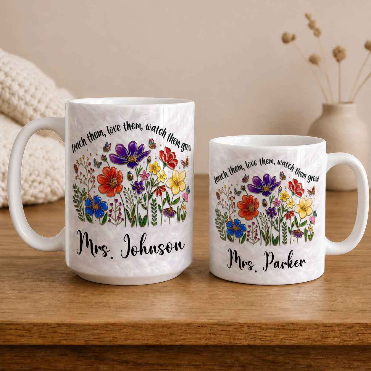 Personalized Teacher Flower Mug, Custom Name Back to School Gift for Teacher