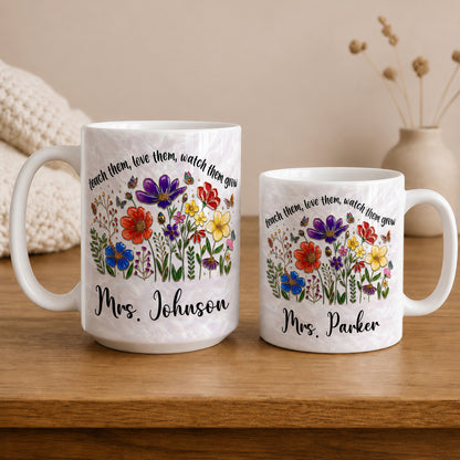 Personalized Teacher Flower Mug, Custom Name Back to School Gift for Teacher
