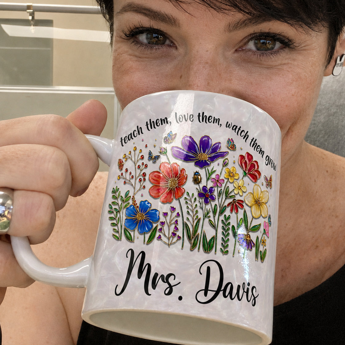 Personalized Teacher Flower Mug, Custom Name Back to School Gift for Teacher