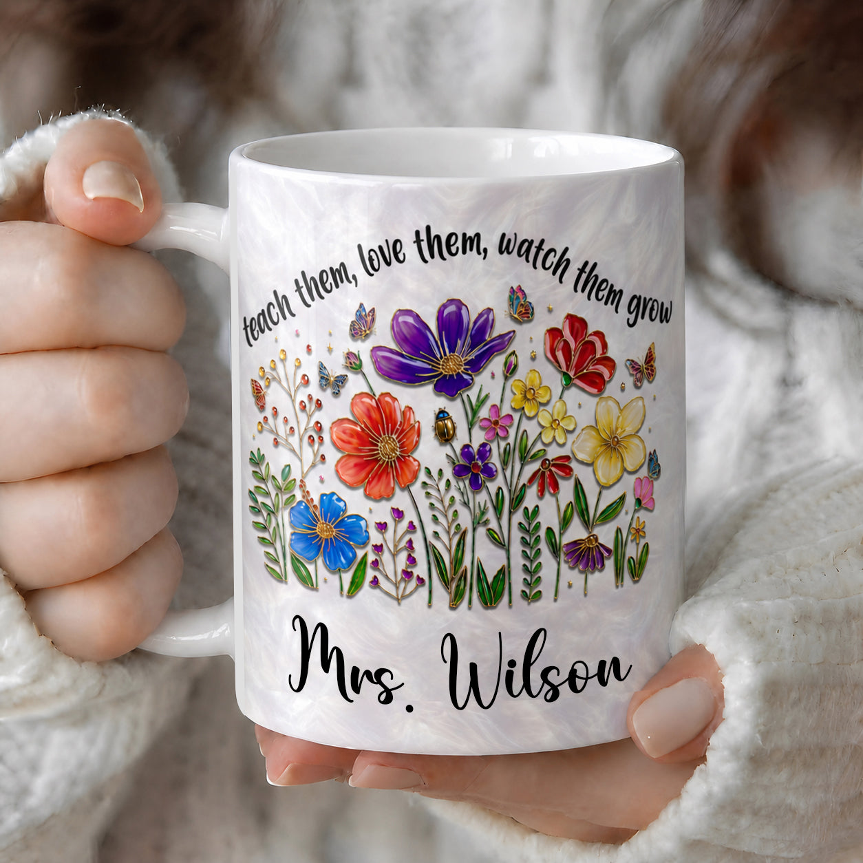 Personalized Teacher Flower Mug, Custom Name Back to School Gift for Teacher