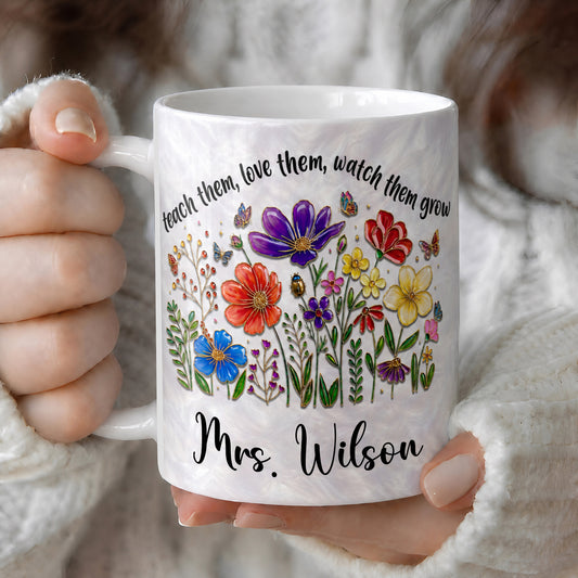 Personalized Teacher Flower Mug, Custom Name Back to School Gift for Teacher