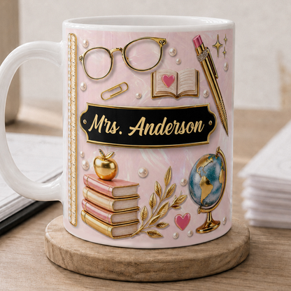 Personalized Teacher Name Mug, Pink Faux 3D Back to School Teacher Gift