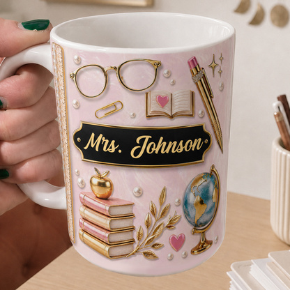Personalized Teacher Name Mug, Pink Faux 3D Back to School Teacher Gift