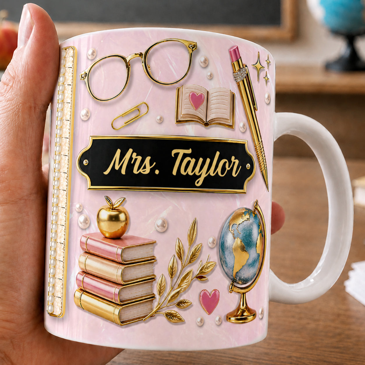 Personalized Teacher Name Mug, Pink Faux 3D Back to School Teacher Gift