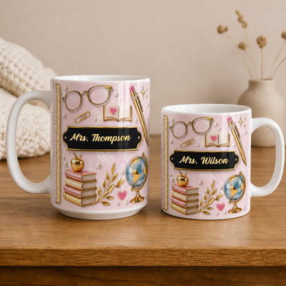 Personalized Teacher Name Mug, Pink Faux 3D Back to School Teacher Gift