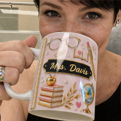 Personalized Teacher Name Mug, Pink Faux 3D Back to School Teacher Gift