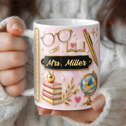 Personalized Teacher Name Mug, Pink Faux 3D Back to School Teacher Gift