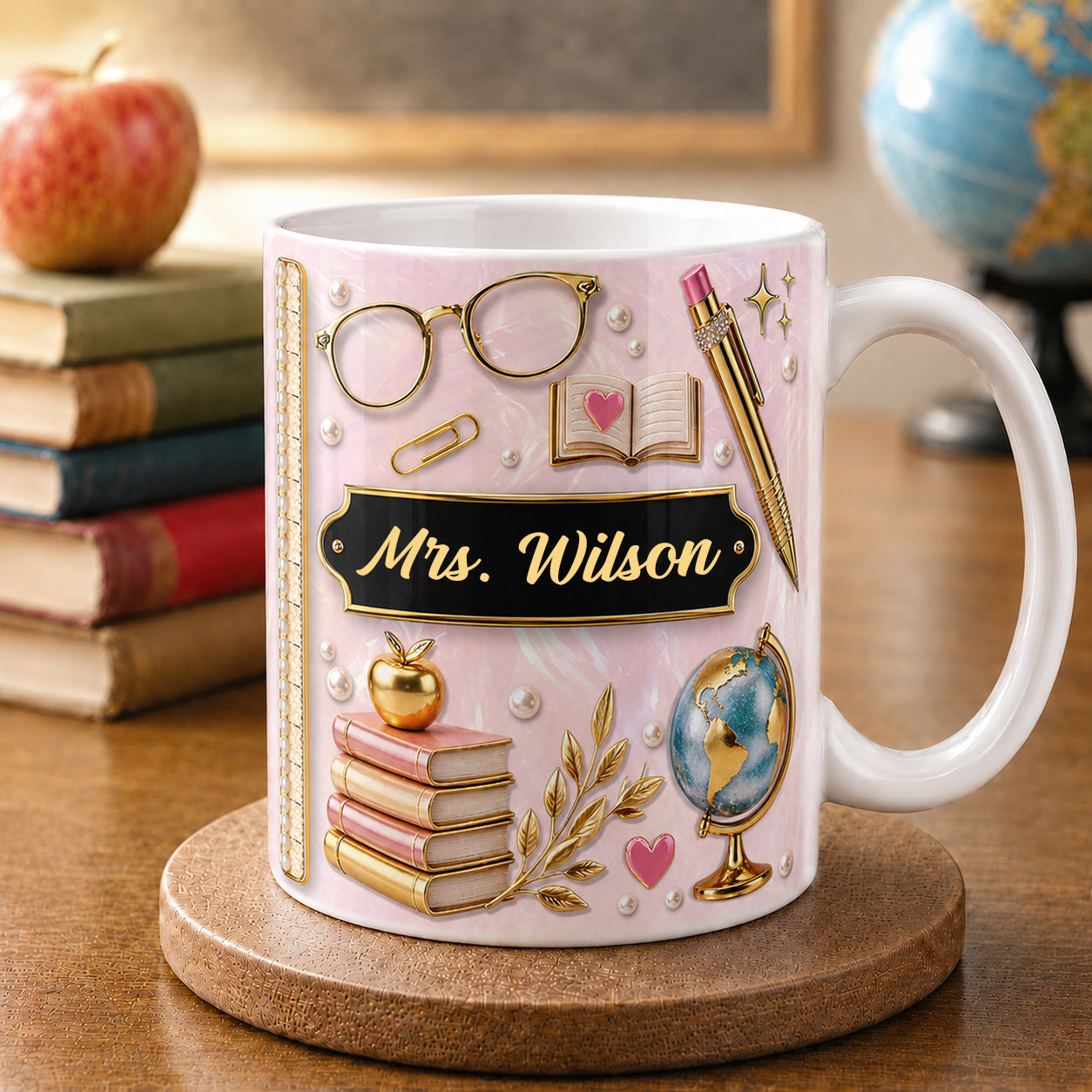 Personalized Teacher Name Mug, Pink Faux 3D Back to School Teacher Gift