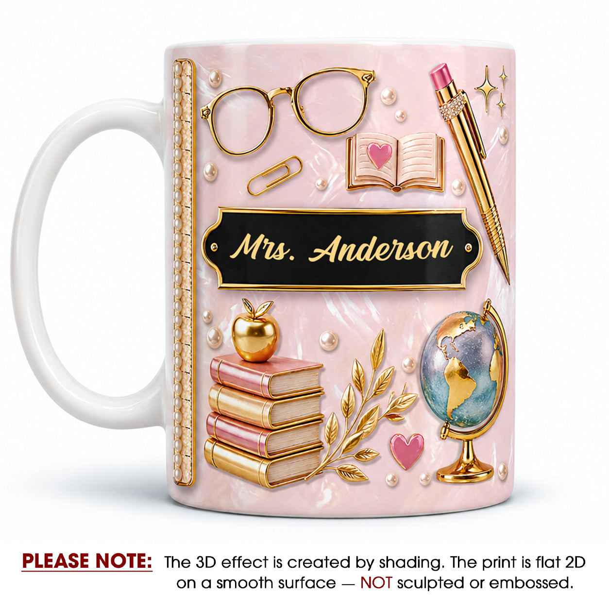 Personalized Teacher Name Mug, Pink Faux 3D Back to School Teacher Gift