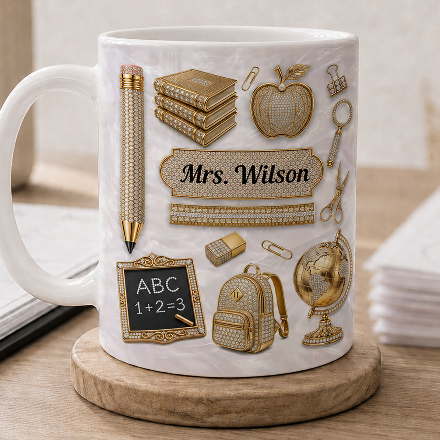 Personalized Teacher Name Mug, Gold Classroom Icons Back to School Gift