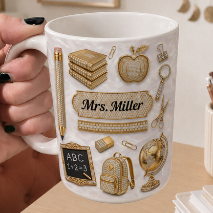 Personalized Teacher Name Mug, Gold Classroom Icons Back to School Gift