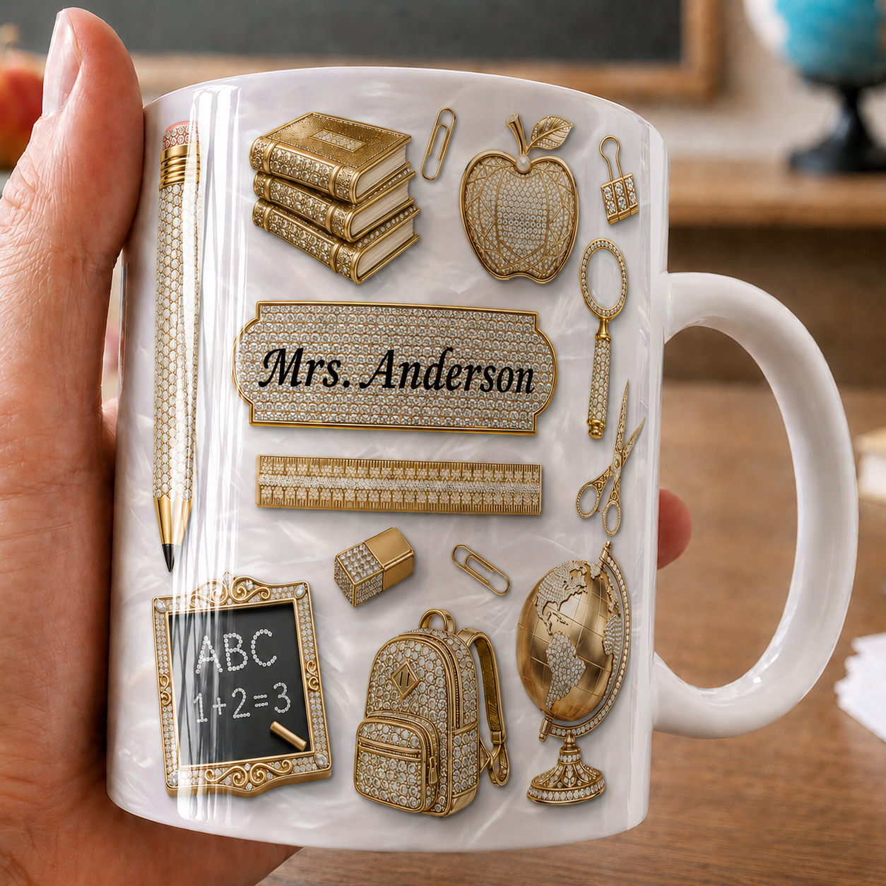 Personalized Teacher Name Mug, Gold Classroom Icons Back to School Gift