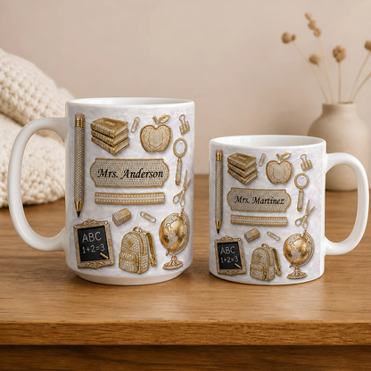Personalized Teacher Name Mug, Gold Classroom Icons Back to School Gift