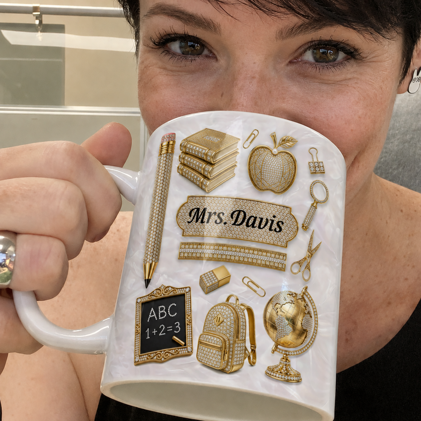 Personalized Teacher Name Mug, Gold Classroom Icons Back to School Gift