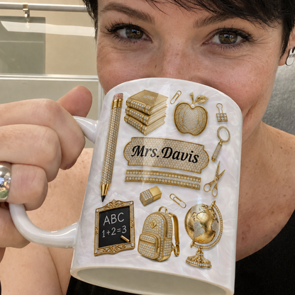 Personalized Teacher Name Mug, Gold Classroom Icons Back to School Gift