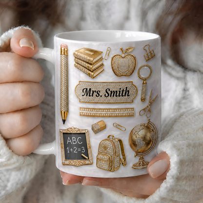 Personalized Teacher Name Mug, Gold Classroom Icons Back to School Gift