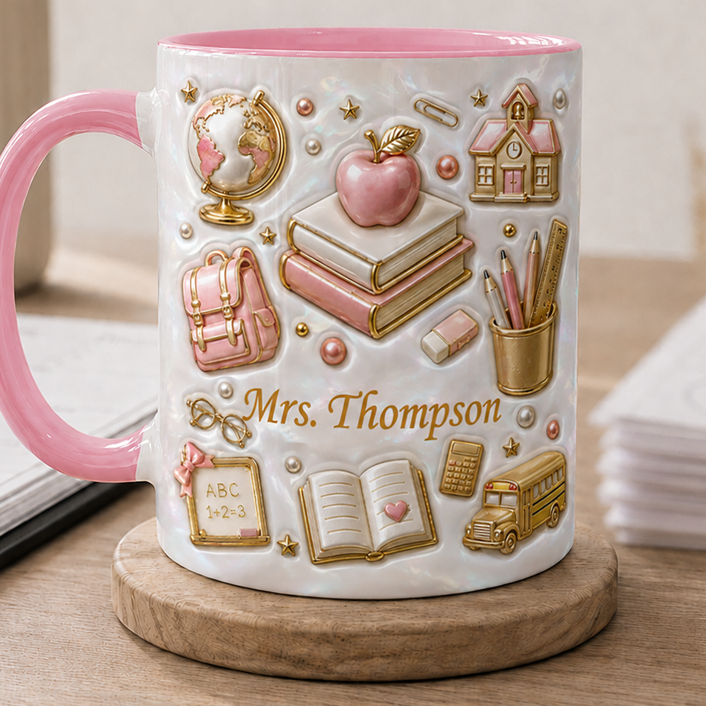 Personalized Teacher Name Mug, Faux 3D School Icons, Back to School Gift