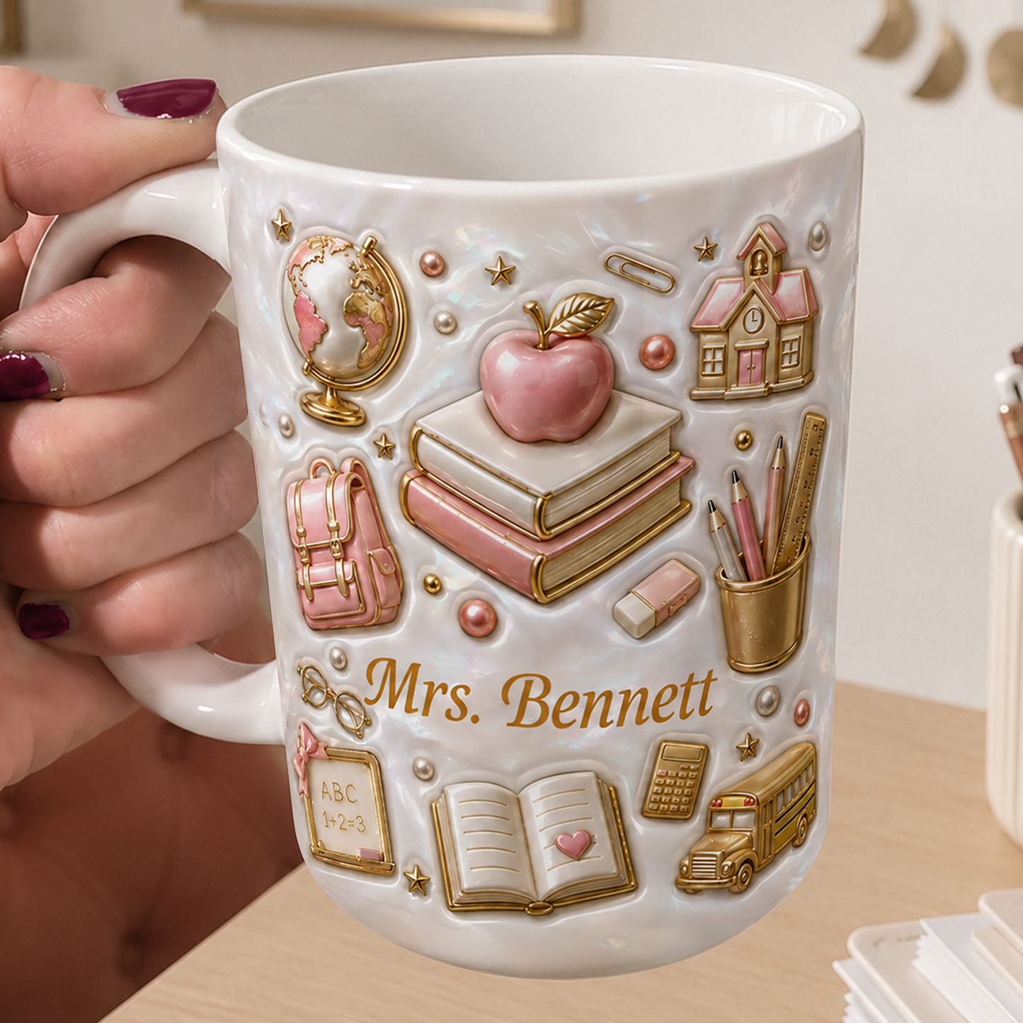 Personalized Teacher Name Mug, Faux 3D School Icons, Back to School Gift