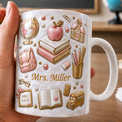Personalized Teacher Name Mug, Faux 3D School Icons, Back to School Gift