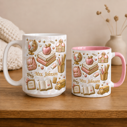 Personalized Teacher Name Mug, Faux 3D School Icons, Back to School Gift