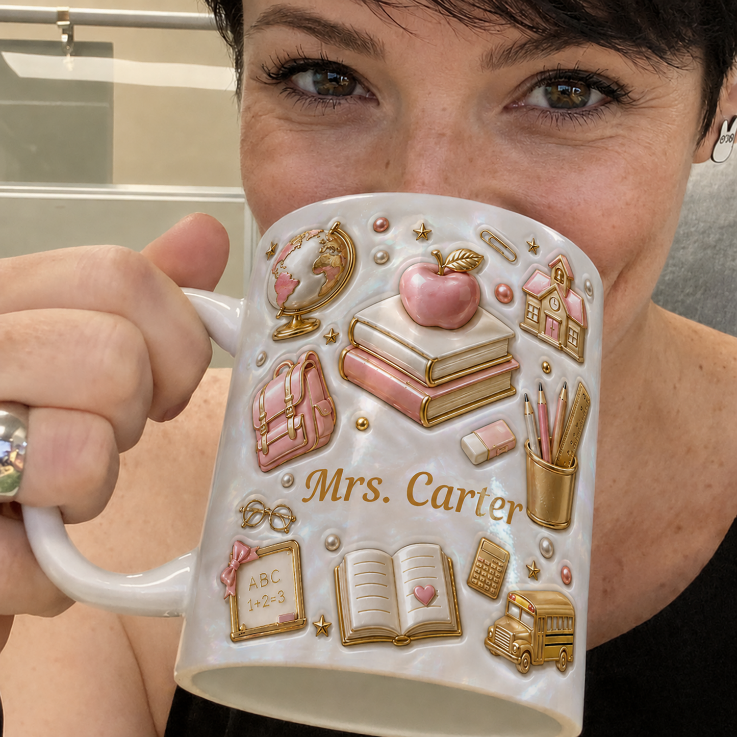 Personalized Teacher Name Mug, Faux 3D School Icons, Back to School Gift