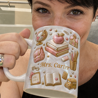 Personalized Teacher Name Mug, Faux 3D School Icons, Back to School Gift