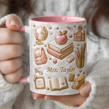 Personalized Teacher Name Mug, Faux 3D School Icons, Back to School Gift